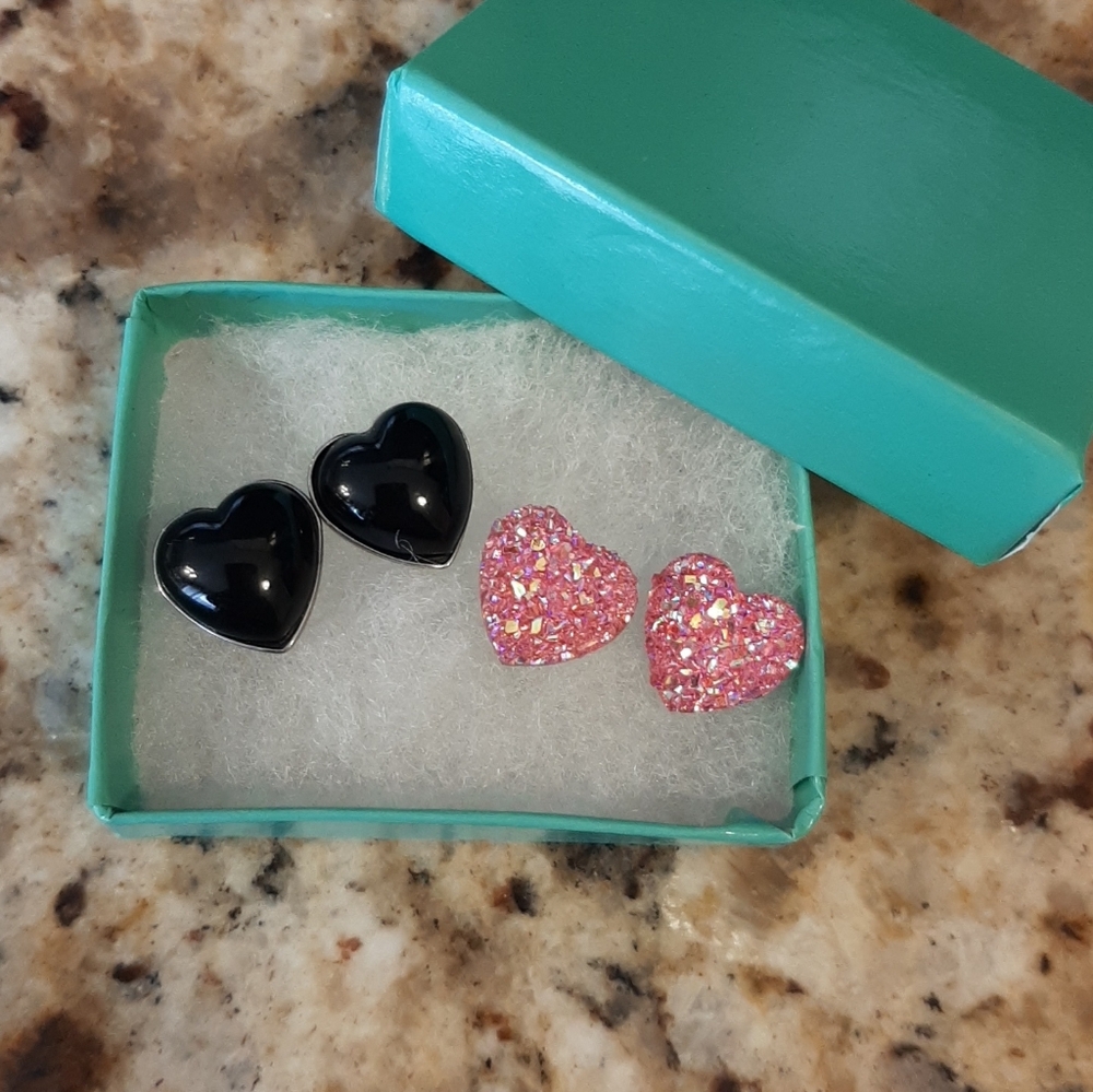 2 For $20.00- Black and Pink Heart Earrings Set